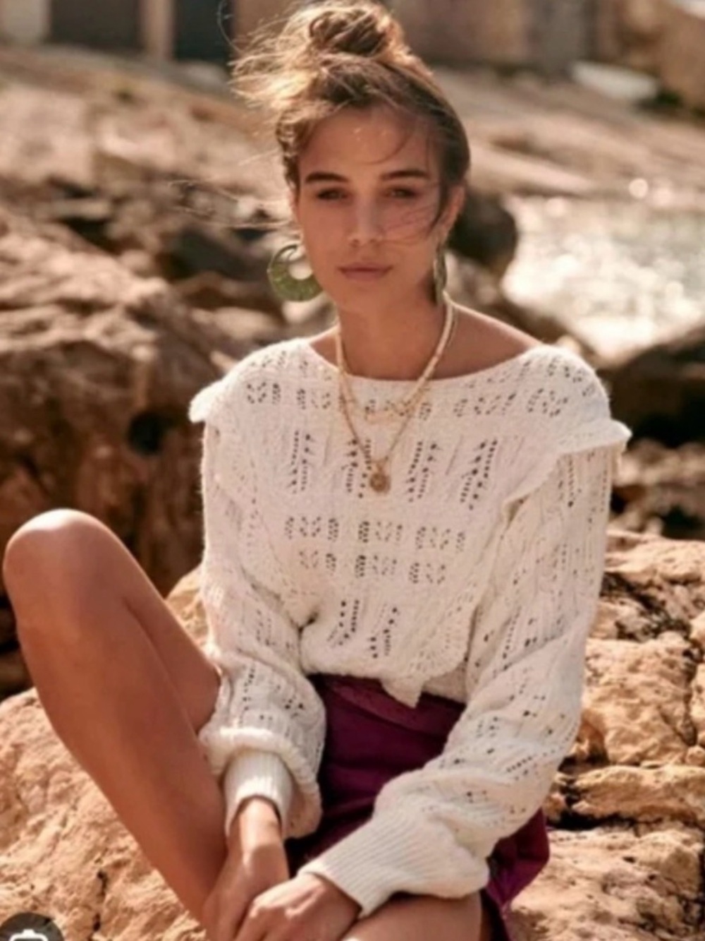 Sezane Cream Open-Knit Boatneck Sweater